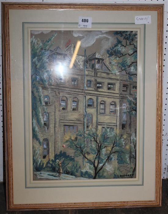 Pastel drawing of a Continental scene - Girl with ball H Rudhart(-)
